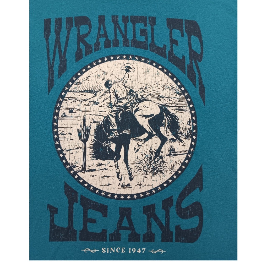 Wrangler Mens Graphic‎ T-Shirt Teal Blue Western Rodeo Horse Cowboy Size XL